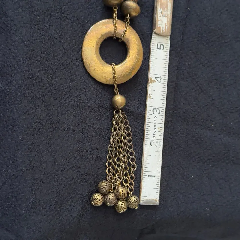 VNT Lariat Serpentine Tribal Statement Necklace Gold Multi Strand Tassel